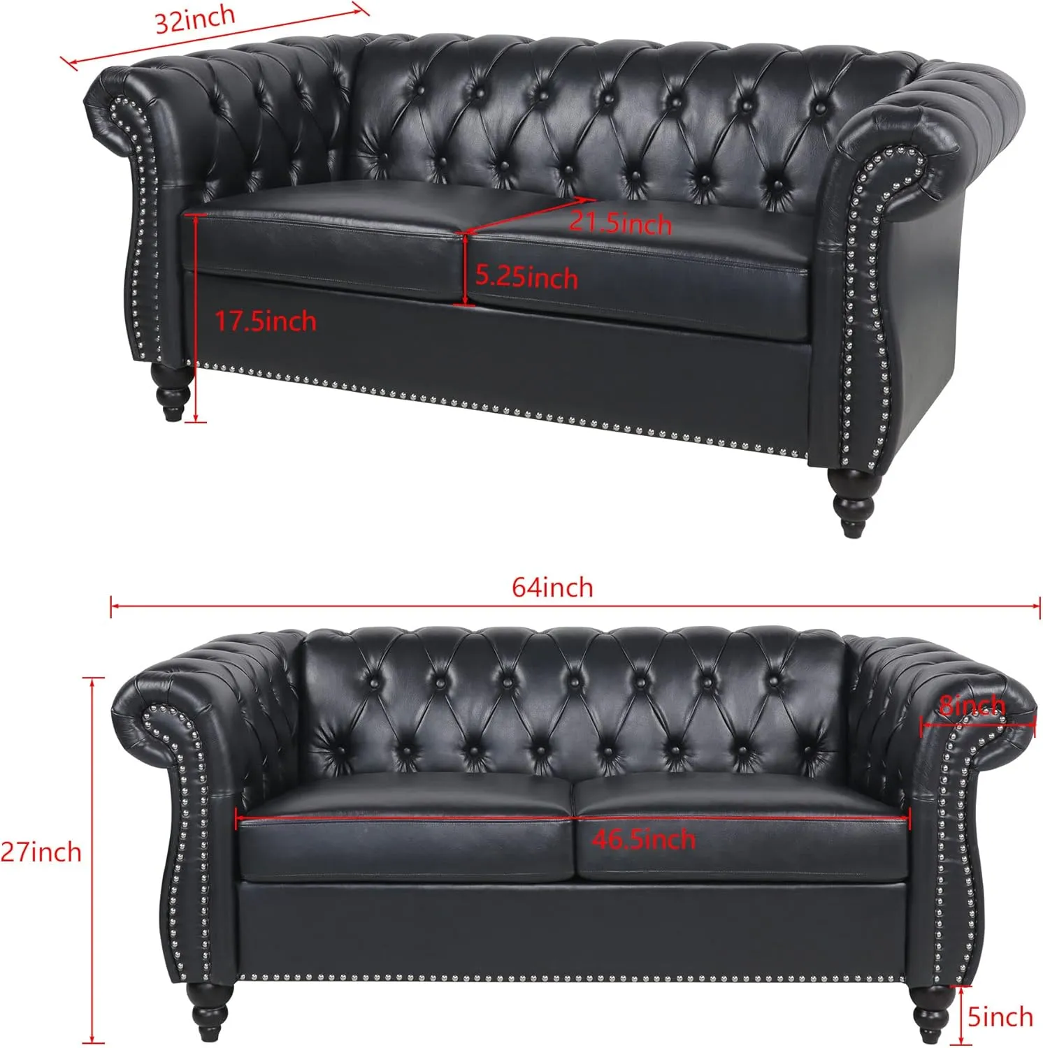 Chesterfield Loveseat Leather, Modern Upholstered Tufted Couch 2 Seater with Rolled Arms and Nailhead for Living Room, Bedroom (Black)