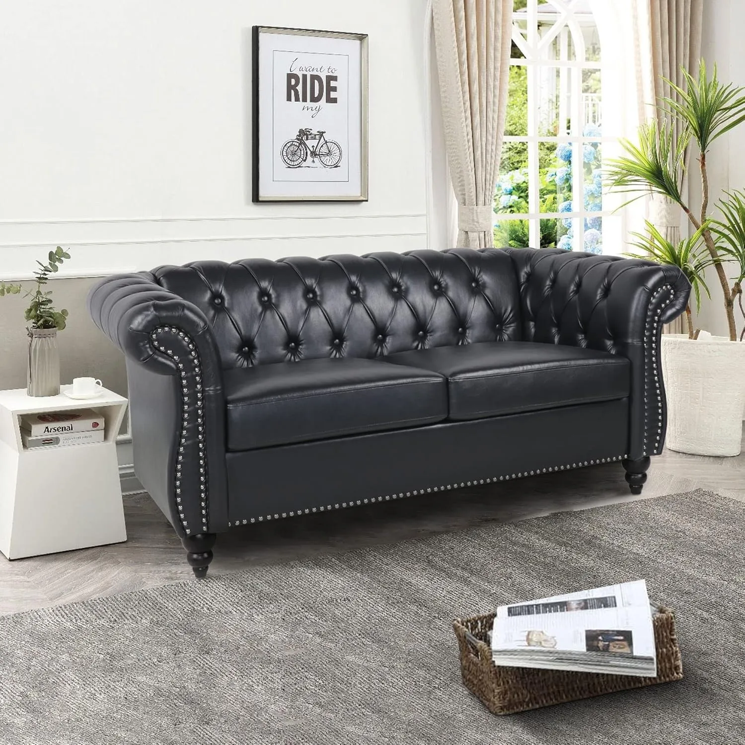 Chesterfield Loveseat Leather, Modern Upholstered Tufted Couch 2 Seater with Rolled Arms and Nailhead for Living Room, Bedroom (Black)