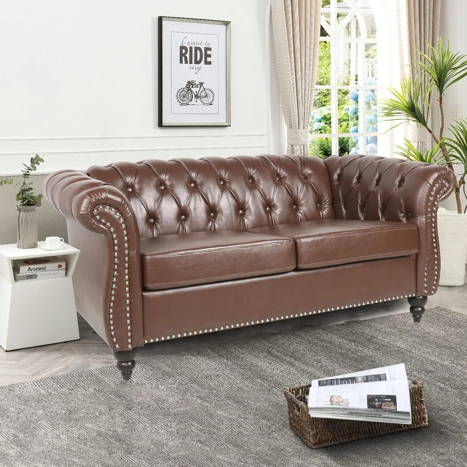 Chesterfield Loveseat Leather, Modern Upholstered Tufted Couch 2 Seater with Rolled Arms and Nailhead for Living Room, Bedroom (Dark Brown)