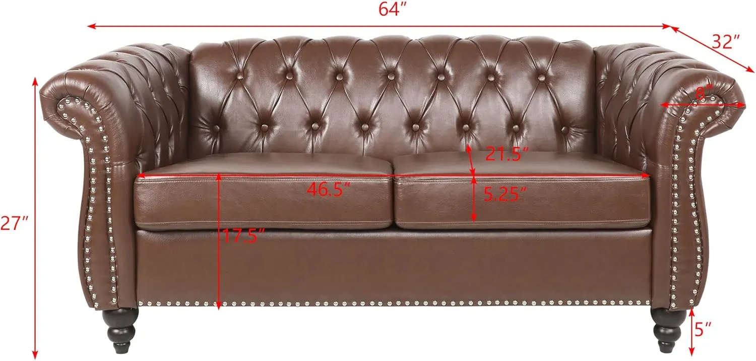 Chesterfield Loveseat Leather, Modern Upholstered Tufted Couch 2 Seater with Rolled Arms and Nailhead for Living Room, Bedroom (Dark Brown)