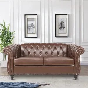 Chesterfield Loveseat Leather, Modern Upholstered Tufted Couch 2 Seater with Rolled Arms and Nailhead for Living Room, Bedroom (Dark Brown)