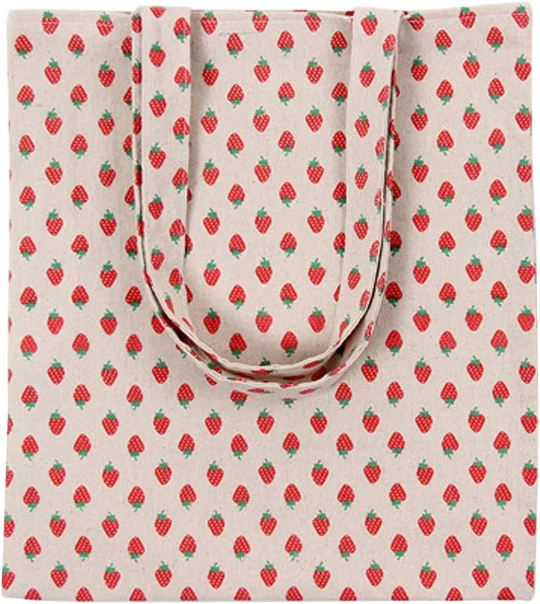 Chezi Women's Strawberry Print Cotton Reusable Foldable Canvas Tote Shopping Bag