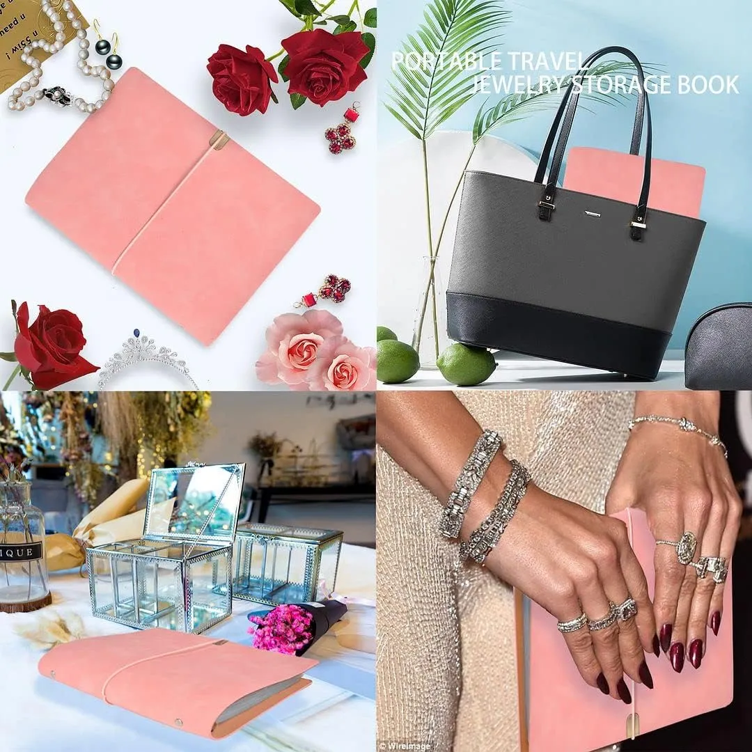 ChezMax Jewelry Organizer, Jewelry Storage Book with Pockets, Foldable Earrings Travel Album, PU Leather Accessories Holder Booklet for Necklace Rings (64 Grids 64 Anti-Oxidation PVC Bags) Pink