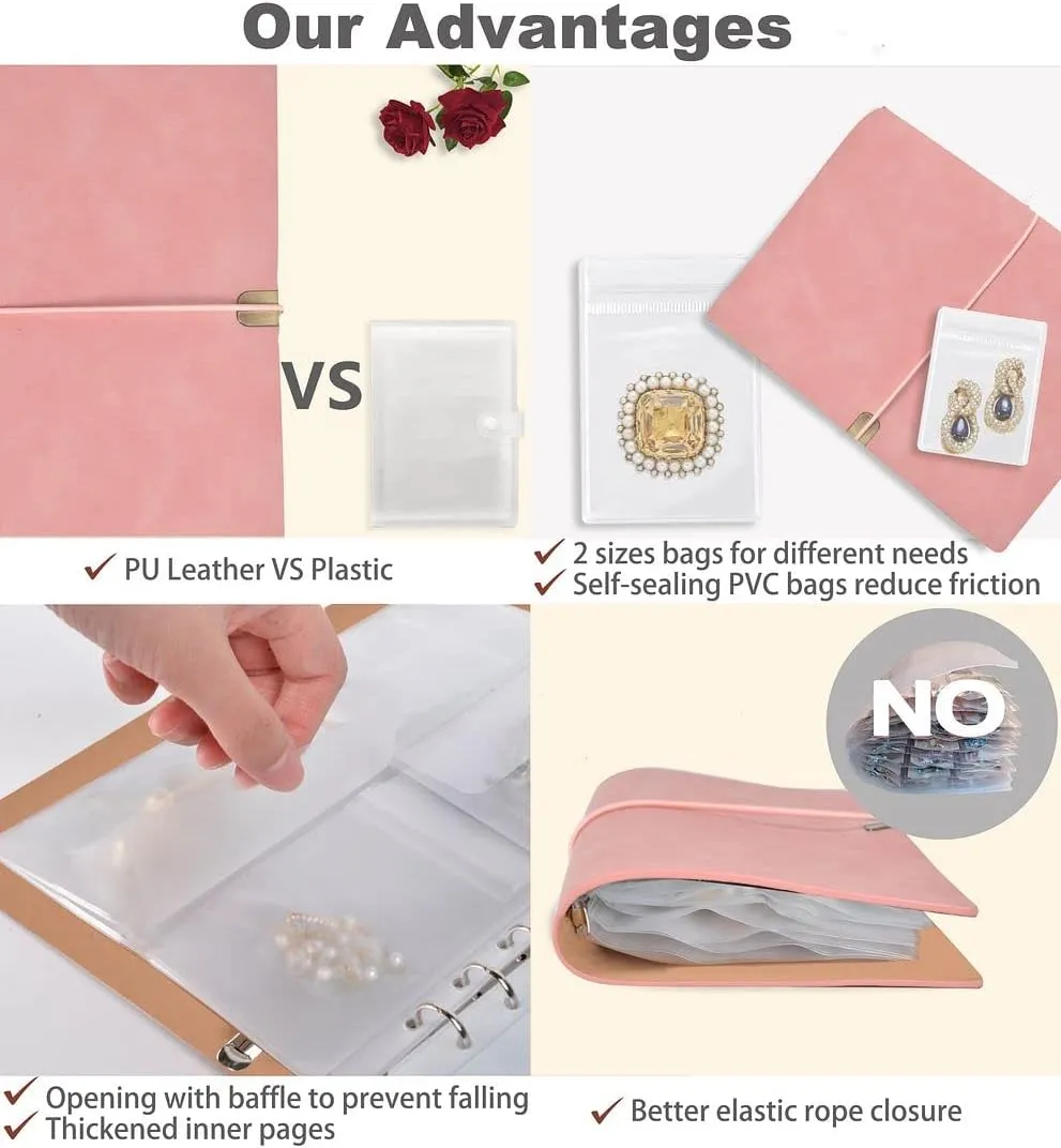 ChezMax Jewelry Organizer, Jewelry Storage Book with Pockets, Foldable Earrings Travel Album, PU Leather Accessories Holder Booklet for Necklace Rings (64 Grids 64 Anti-Oxidation PVC Bags) Pink