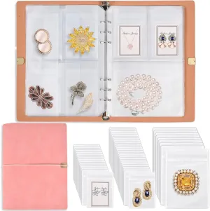 ChezMax Jewelry Organizer, Jewelry Storage Book with Pockets, Foldable Earrings Travel Album, PU Leather Accessories Holder Booklet for Necklace Rings (64 Grids 64 Anti-Oxidation PVC Bags) Pink