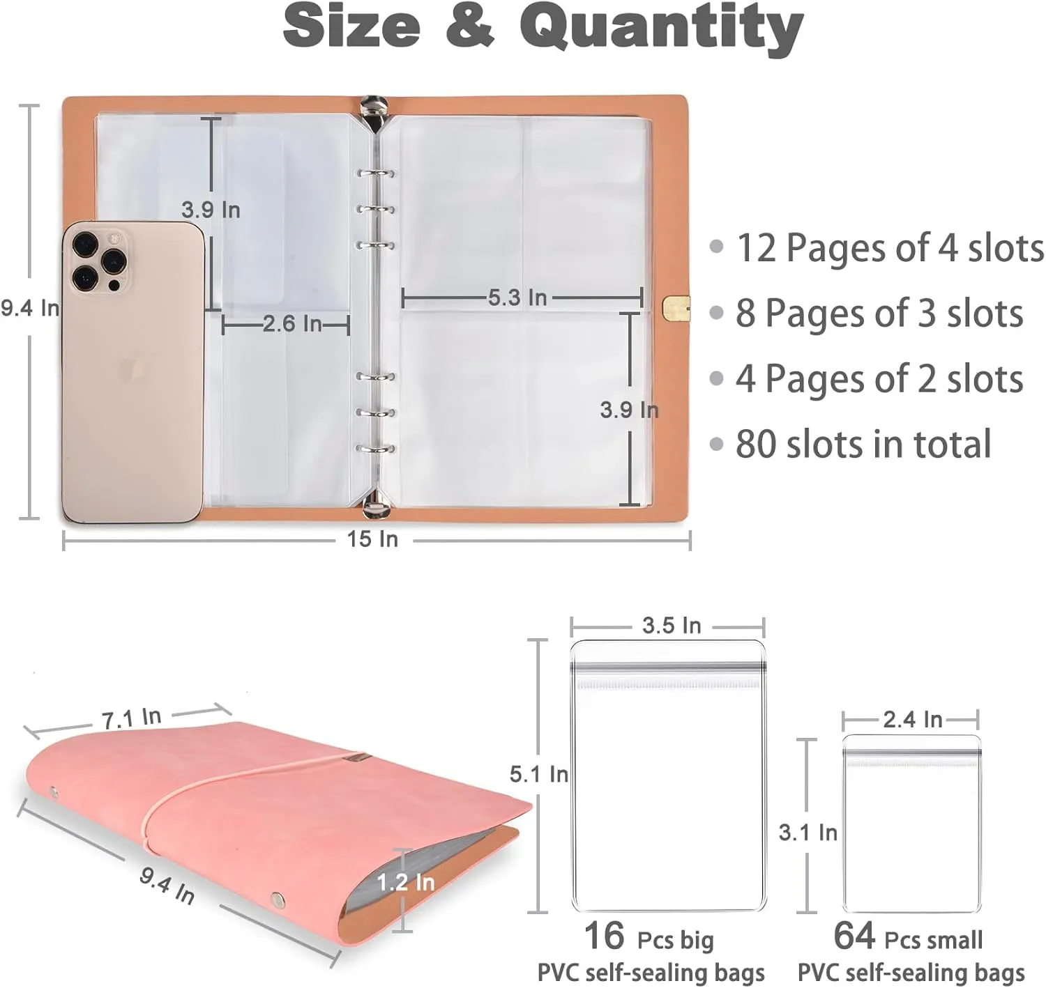 ChezMax Jewelry Organizer, Jewelry Storage Book with Pockets, Foldable Earrings Travel Album, PU Leather Accessories Holder Booklet for Necklace Rings (64 Grids 64 Anti-Oxidation PVC Bags) Pink