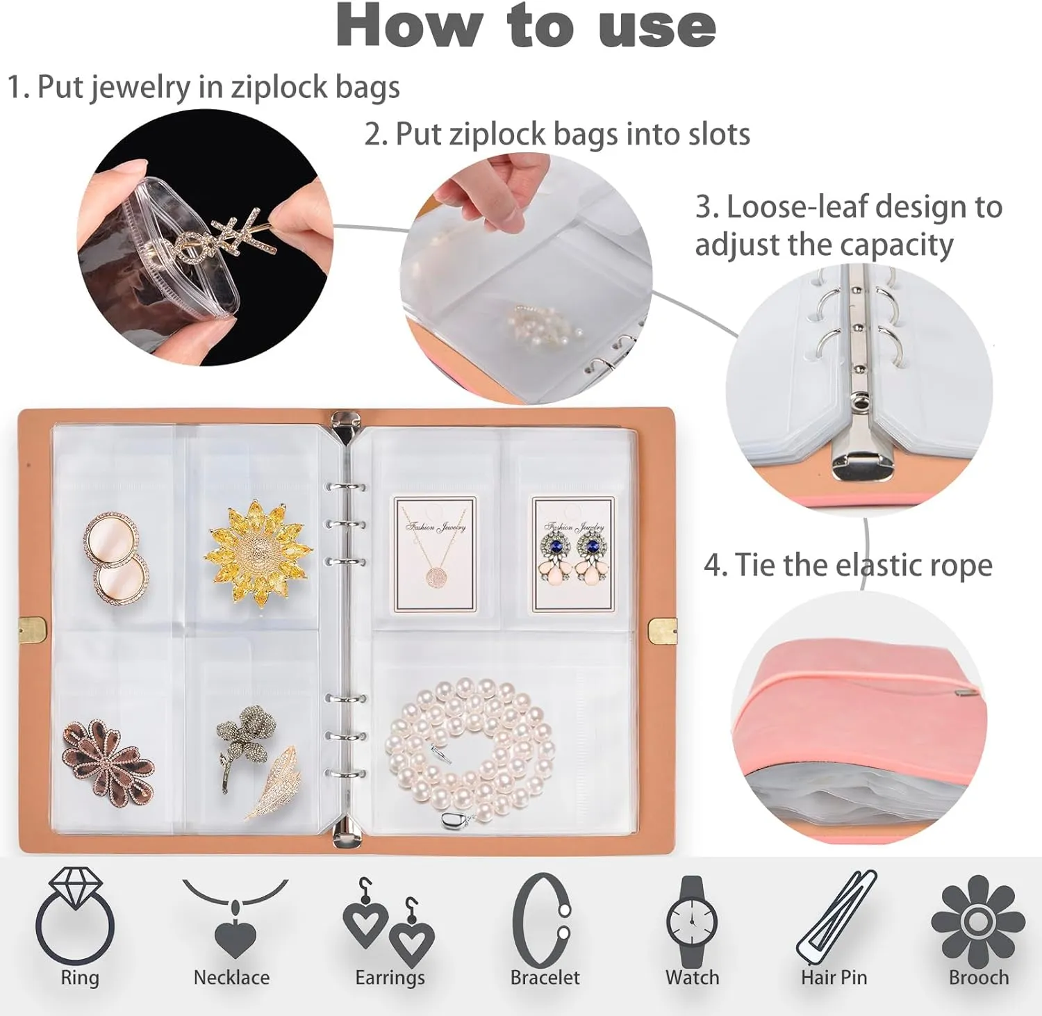 ChezMax Jewelry Organizer, Jewelry Storage Book with Pockets, Foldable Earrings Travel Album, PU Leather Accessories Holder Booklet for Necklace Rings (64 Grids 64 Anti-Oxidation PVC Bags) Pink