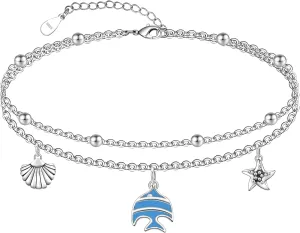 CHIC & ARTSY Women Anklets S925 Sterling Silver Cute Animal Layered Anklet Bracelet Adjustable Multilayer Beach Anklet Bracelet Summer Foot Jewelry Cable Chain 10-11 Inches