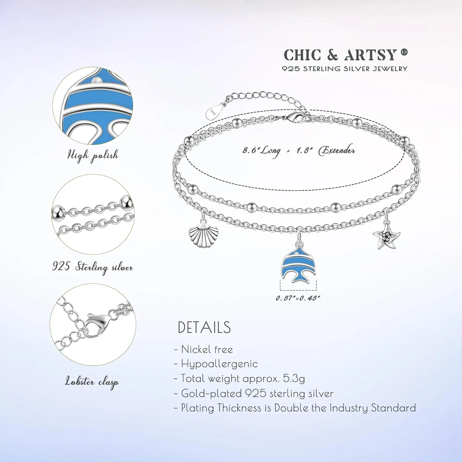 CHIC & ARTSY Women Anklets S925 Sterling Silver Cute Animal Layered Anklet Bracelet Adjustable Multilayer Beach Anklet Bracelet Summer Foot Jewelry Cable Chain 10-11 Inches