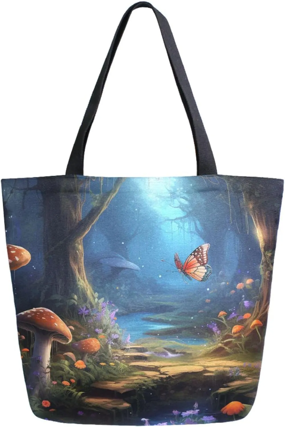 Chic Extra Large Shoulder Grocery Tote Bag, Beautiful Fairy Forest Surrounded by Mushrooms and Butterflies Canvas Daily Gym Weekender Beach Travel Kitchen Reusable Market Shopping Handle Bag