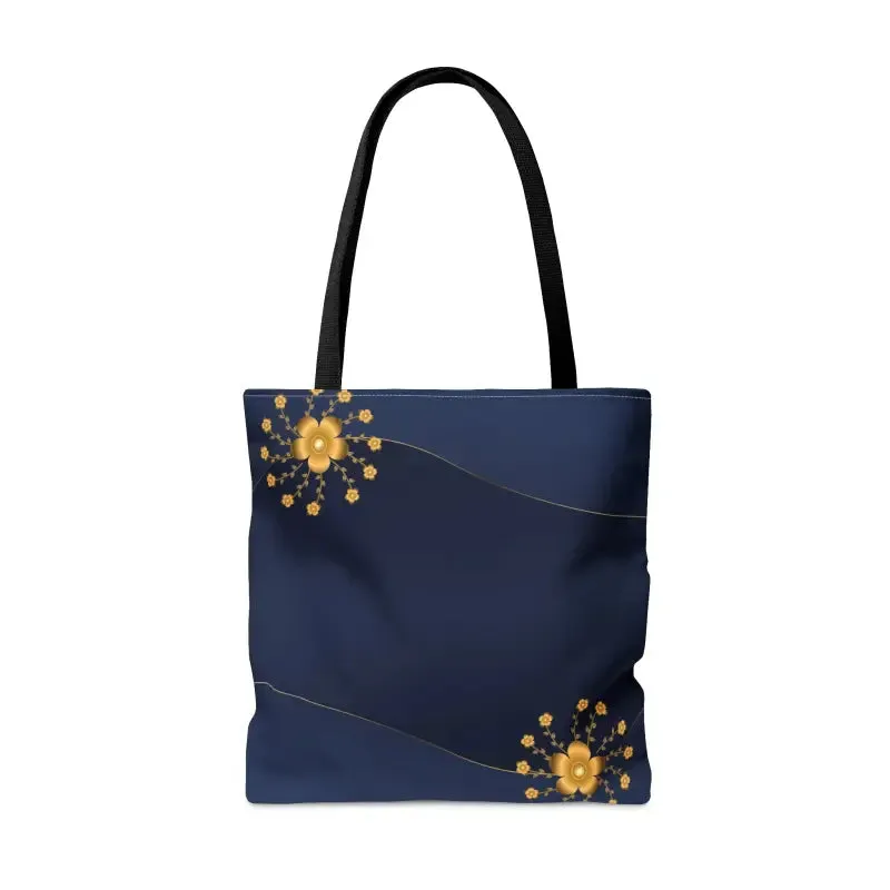 Chic Navy Blue Tote Bag with Gold Flowers
