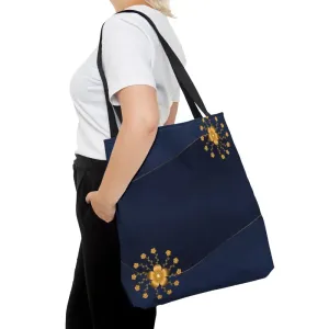 Chic Navy Blue Tote Bag with Gold Flowers