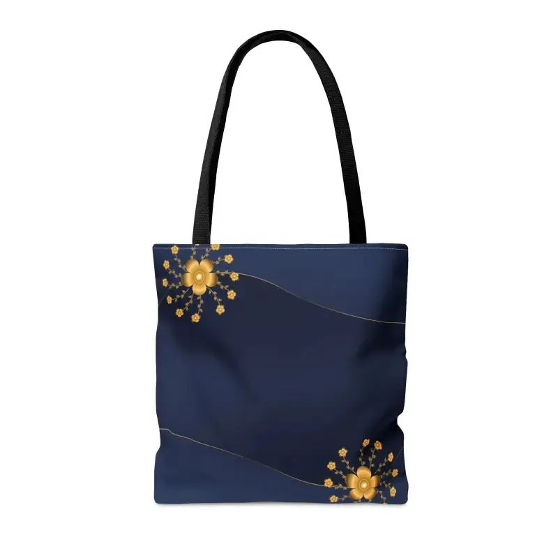 Chic Navy Blue Tote Bag with Gold Flowers