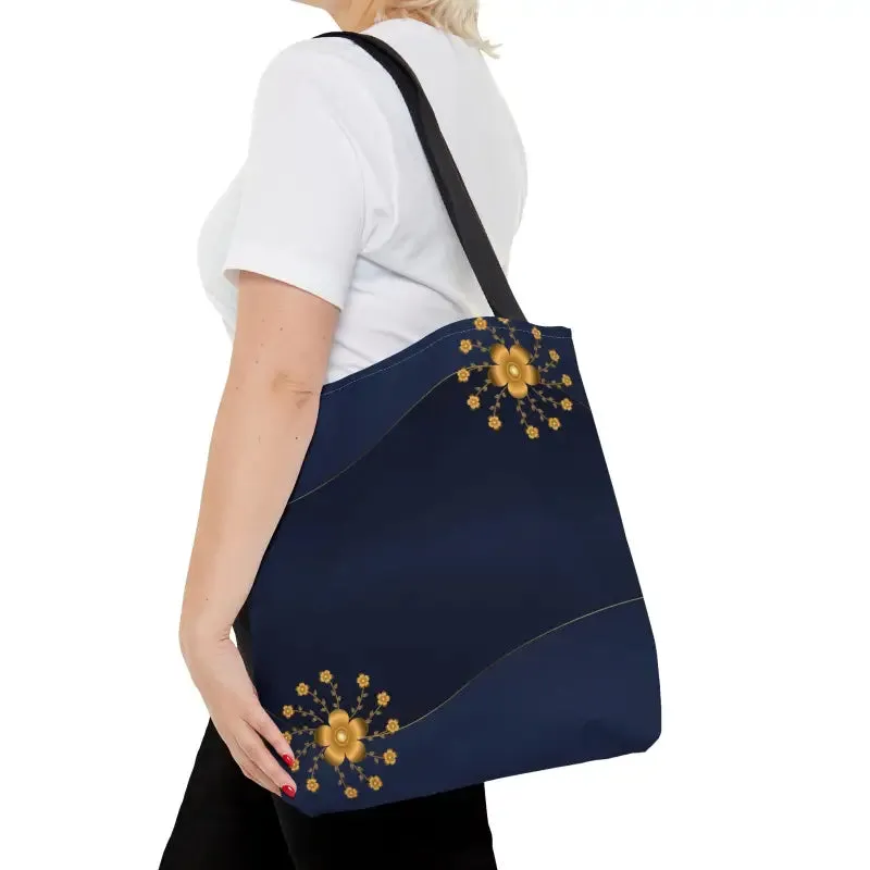 Chic Navy Blue Tote Bag with Gold Flowers