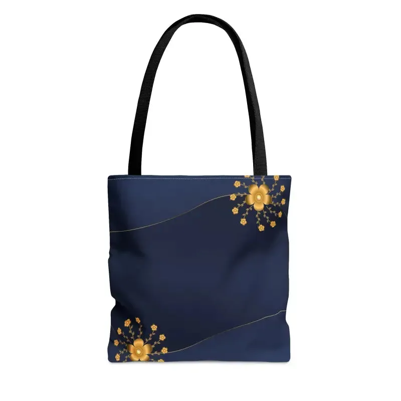 Chic Navy Blue Tote Bag with Gold Flowers