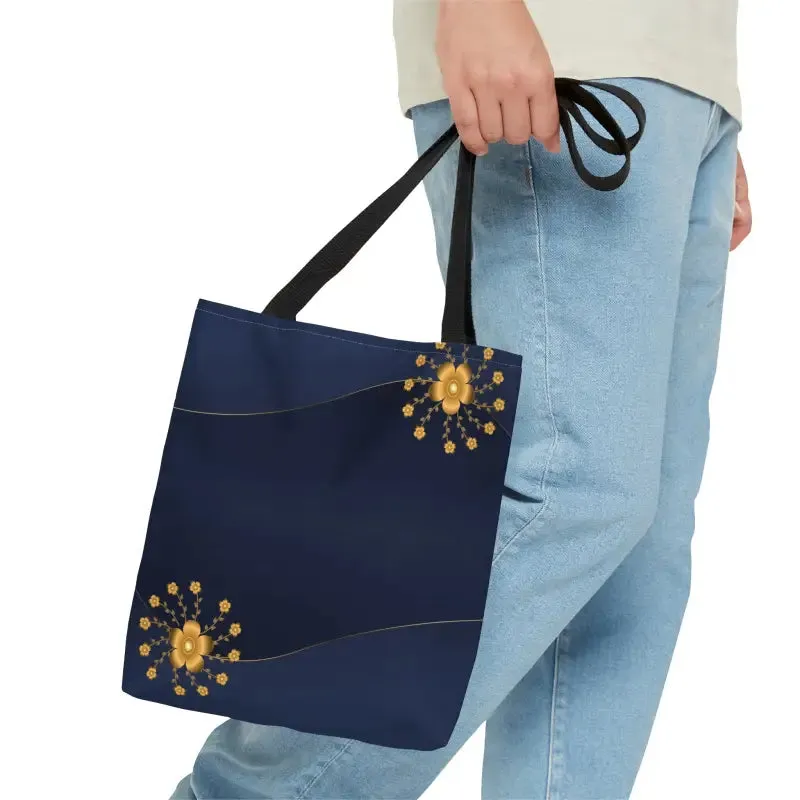 Chic Navy Blue Tote Bag with Gold Flowers