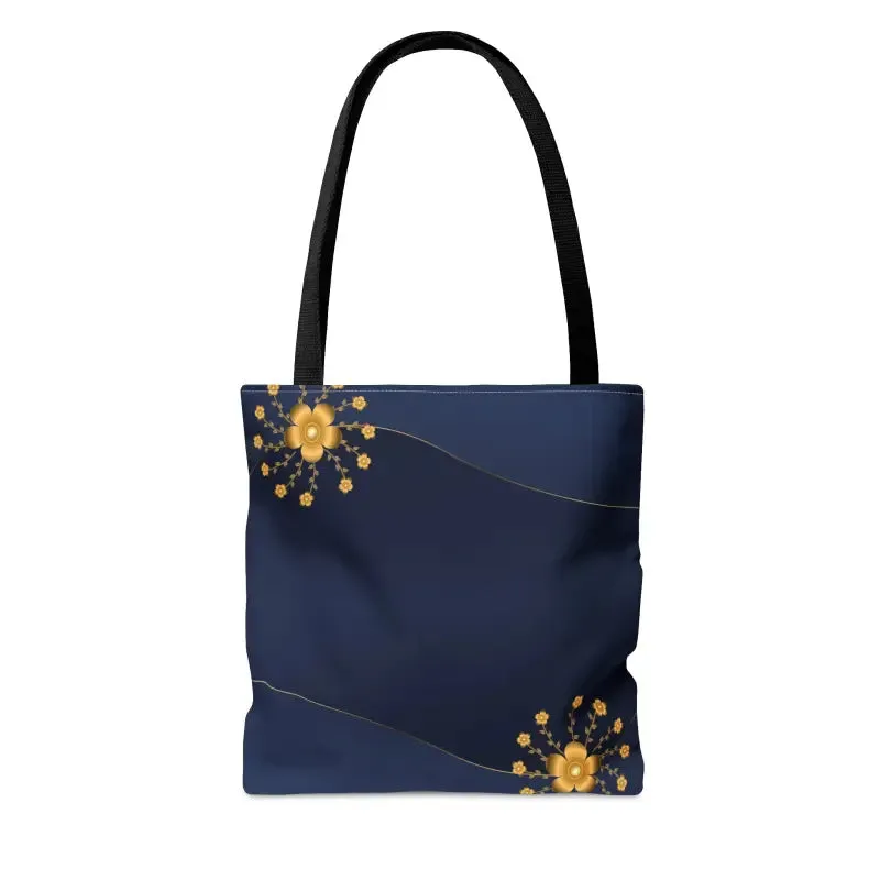 Chic Navy Blue Tote Bag with Gold Flowers