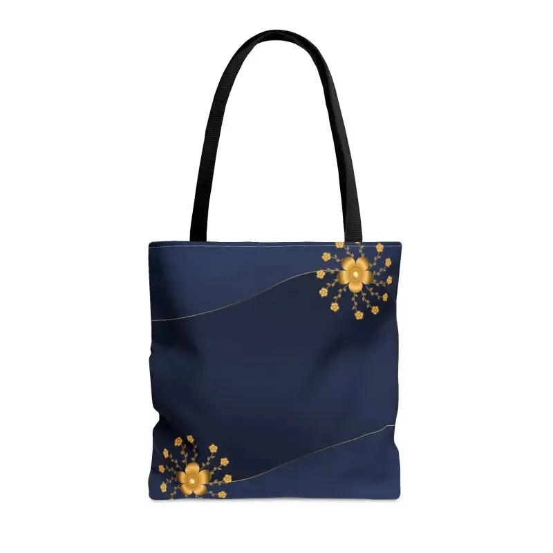 Chic Navy Blue Tote Bag with Gold Flowers
