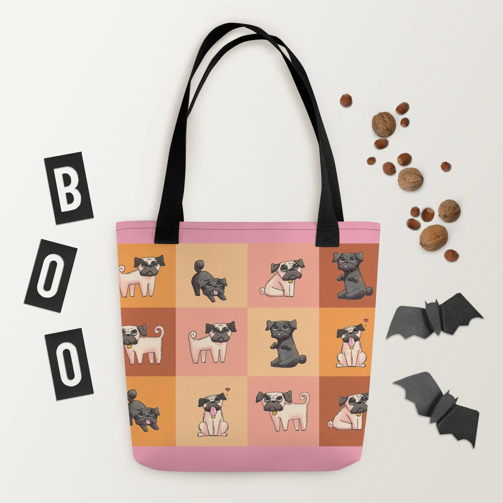 Chic Pug Print Tote Bag