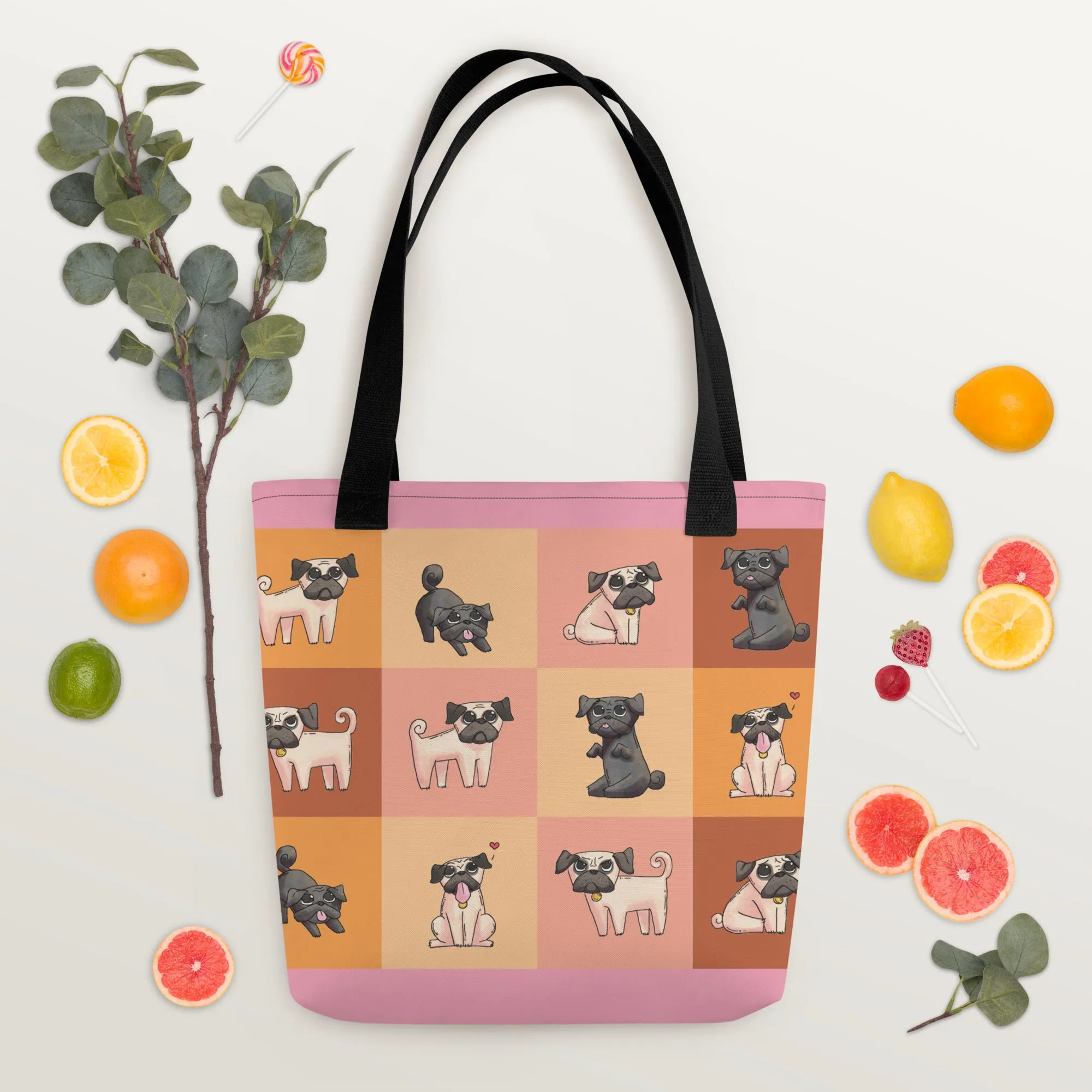 Chic Pug Print Tote Bag