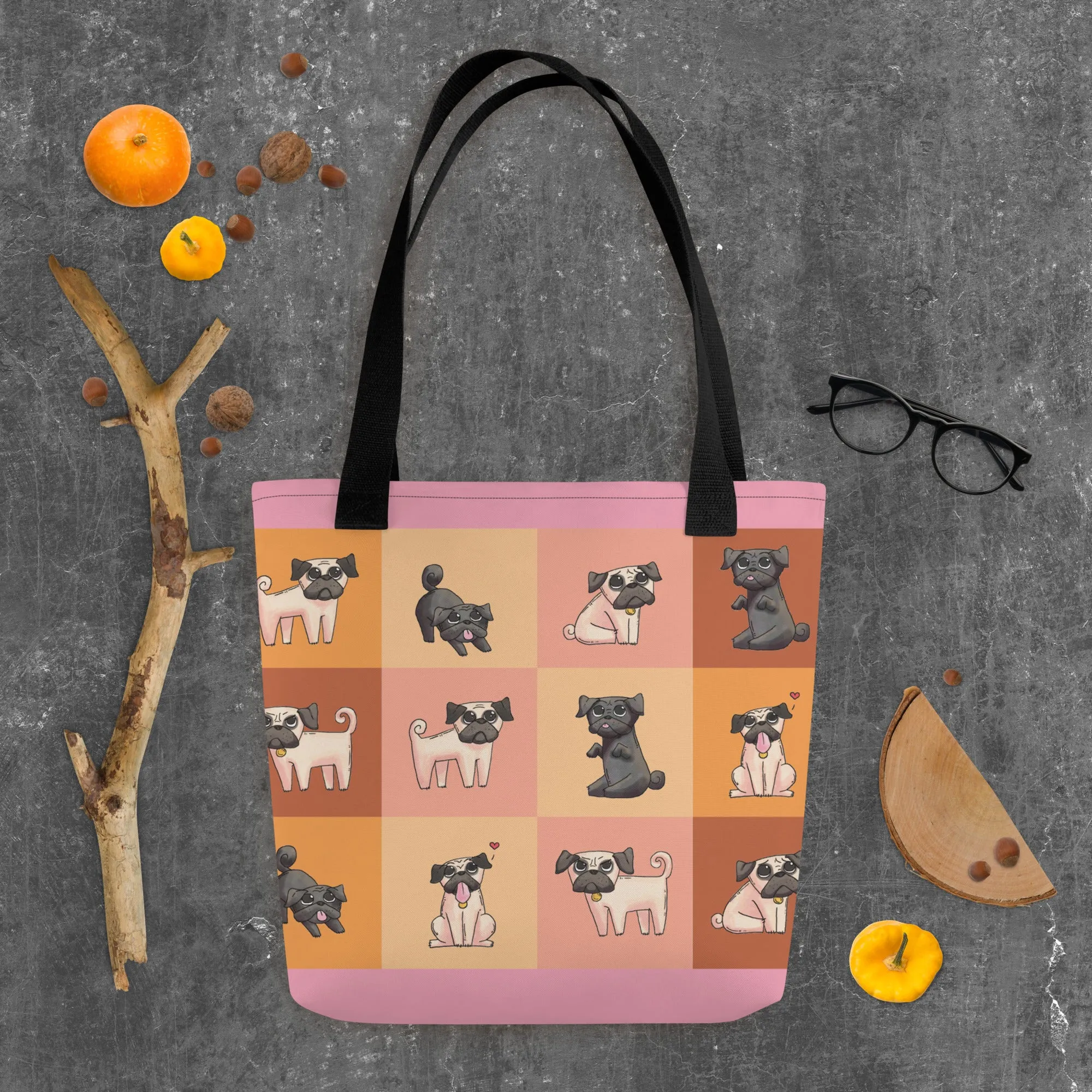 Chic Pug Print Tote Bag