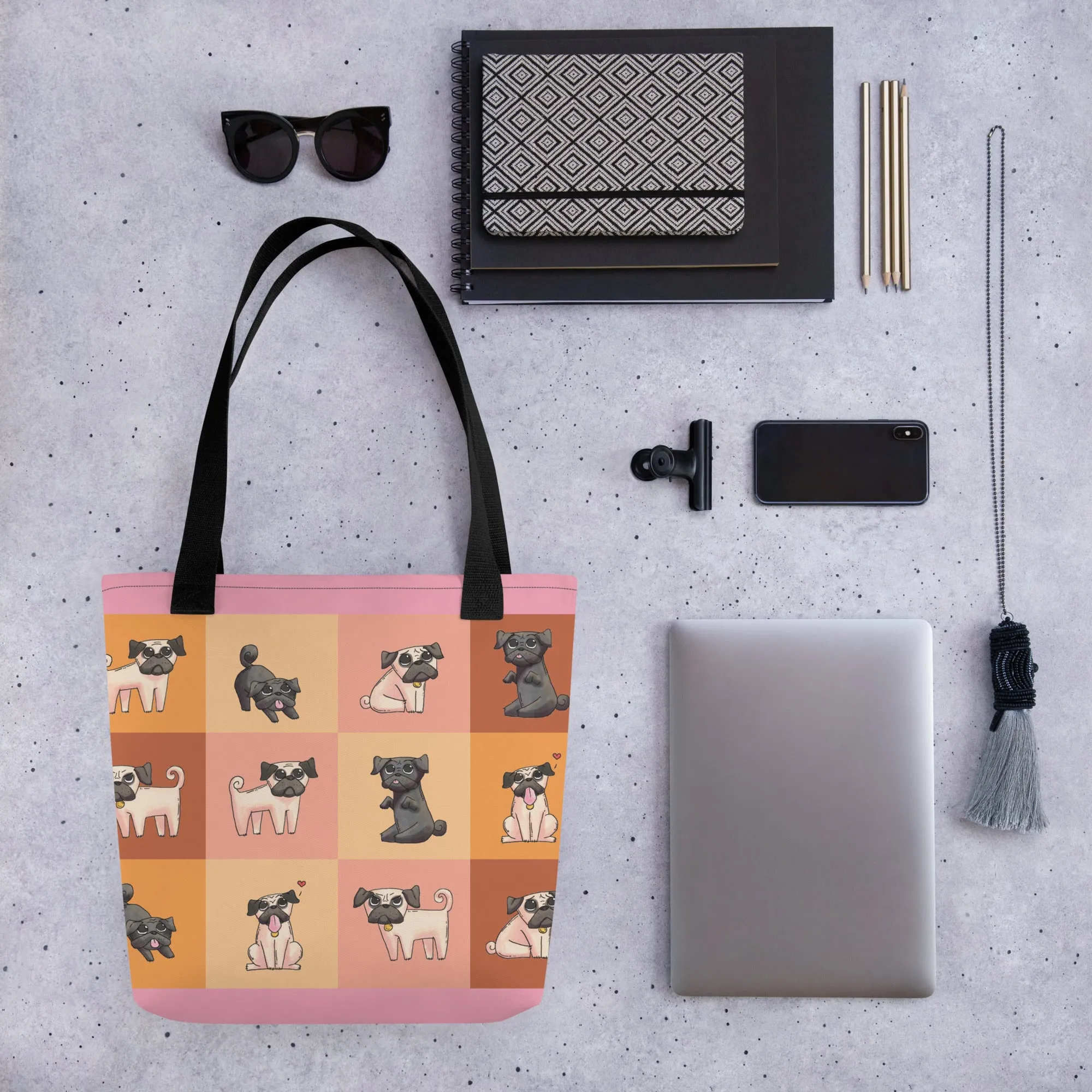 Chic Pug Print Tote Bag