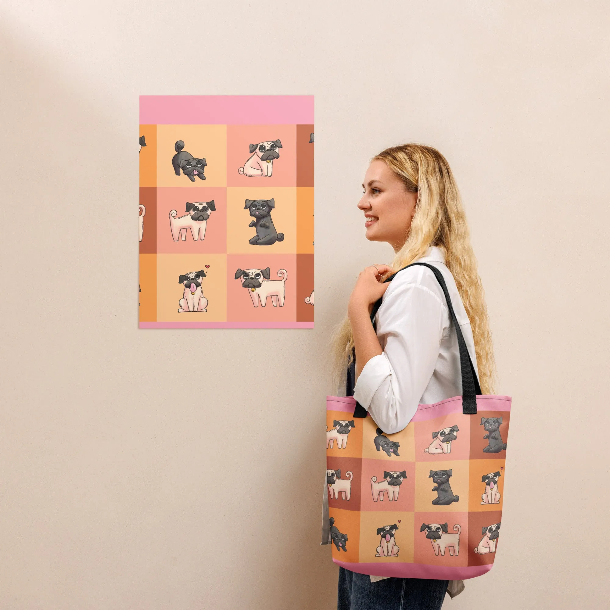 Chic Pug Print Tote Bag