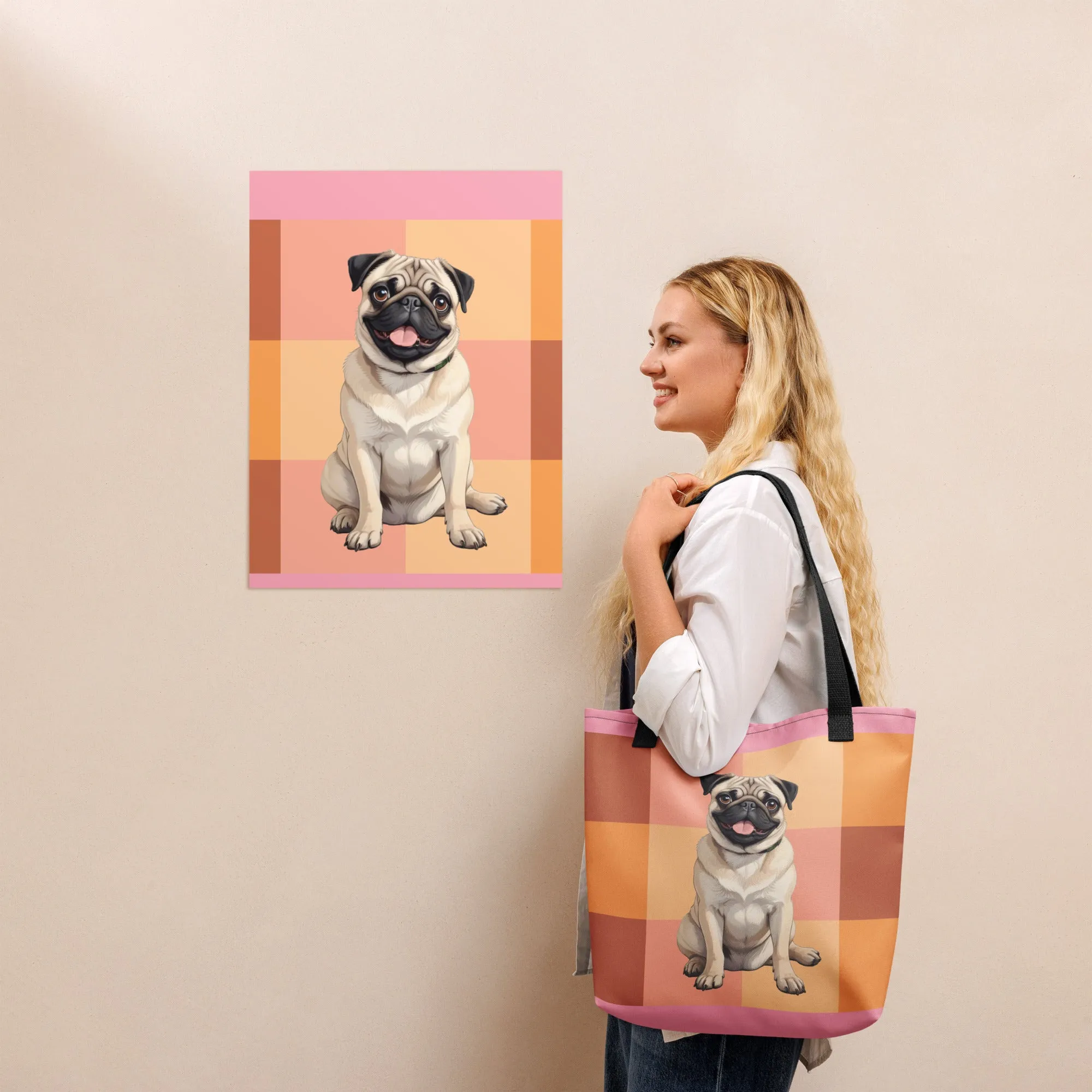 Chic Pug Print Tote Bag