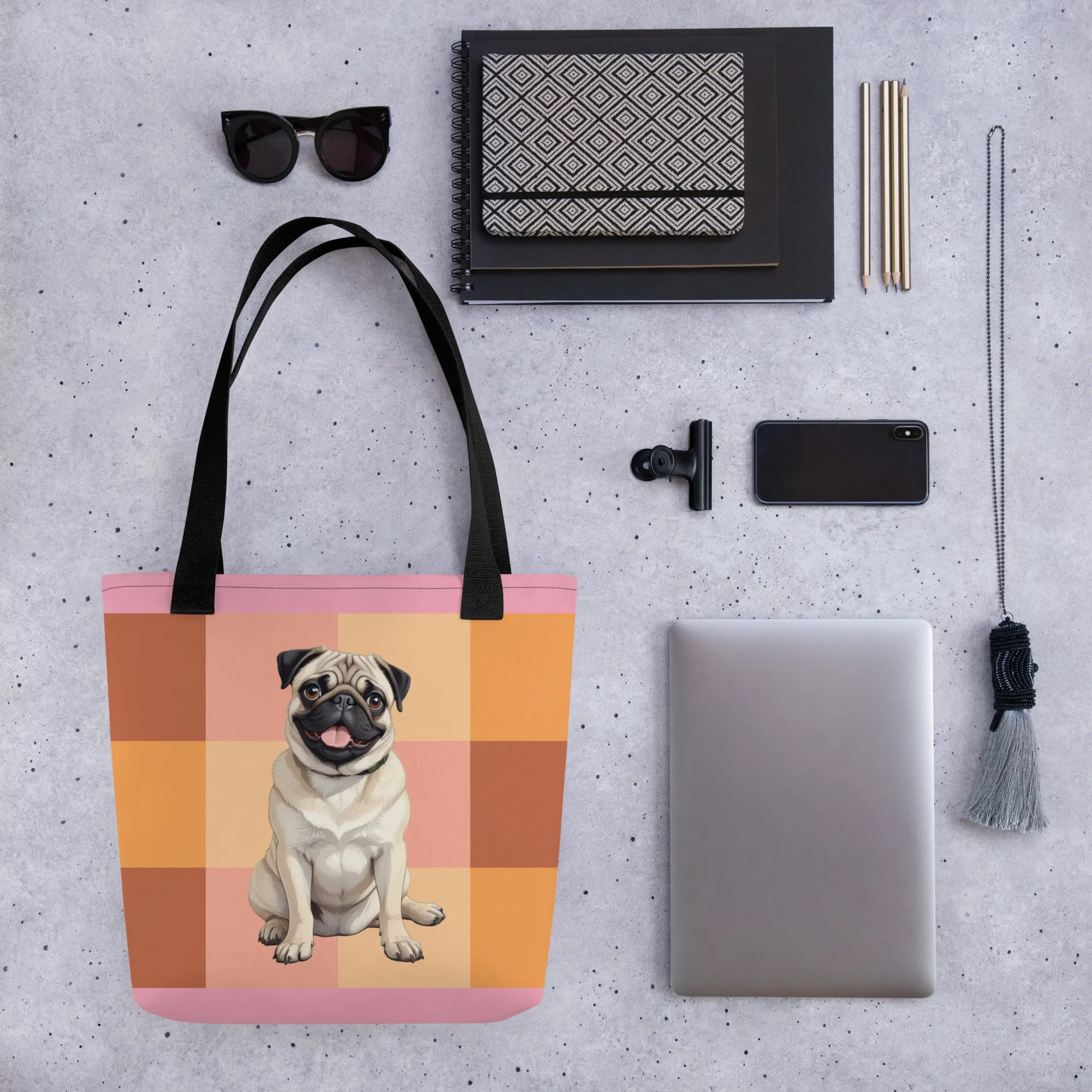 Chic Pug Print Tote Bag