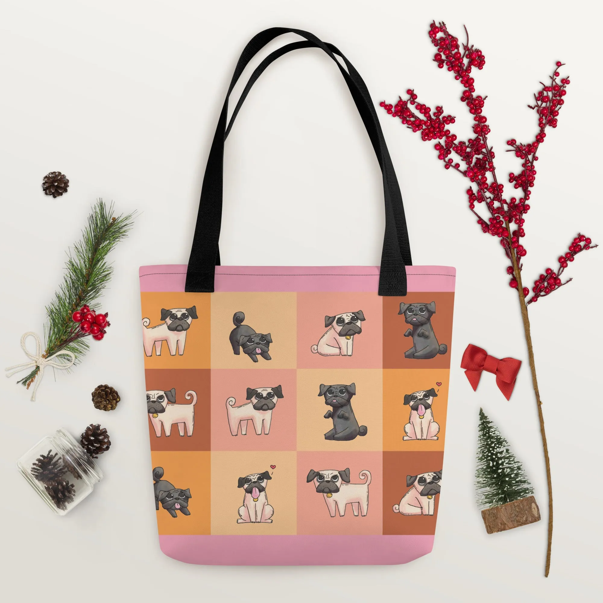 Chic Pug Print Tote Bag