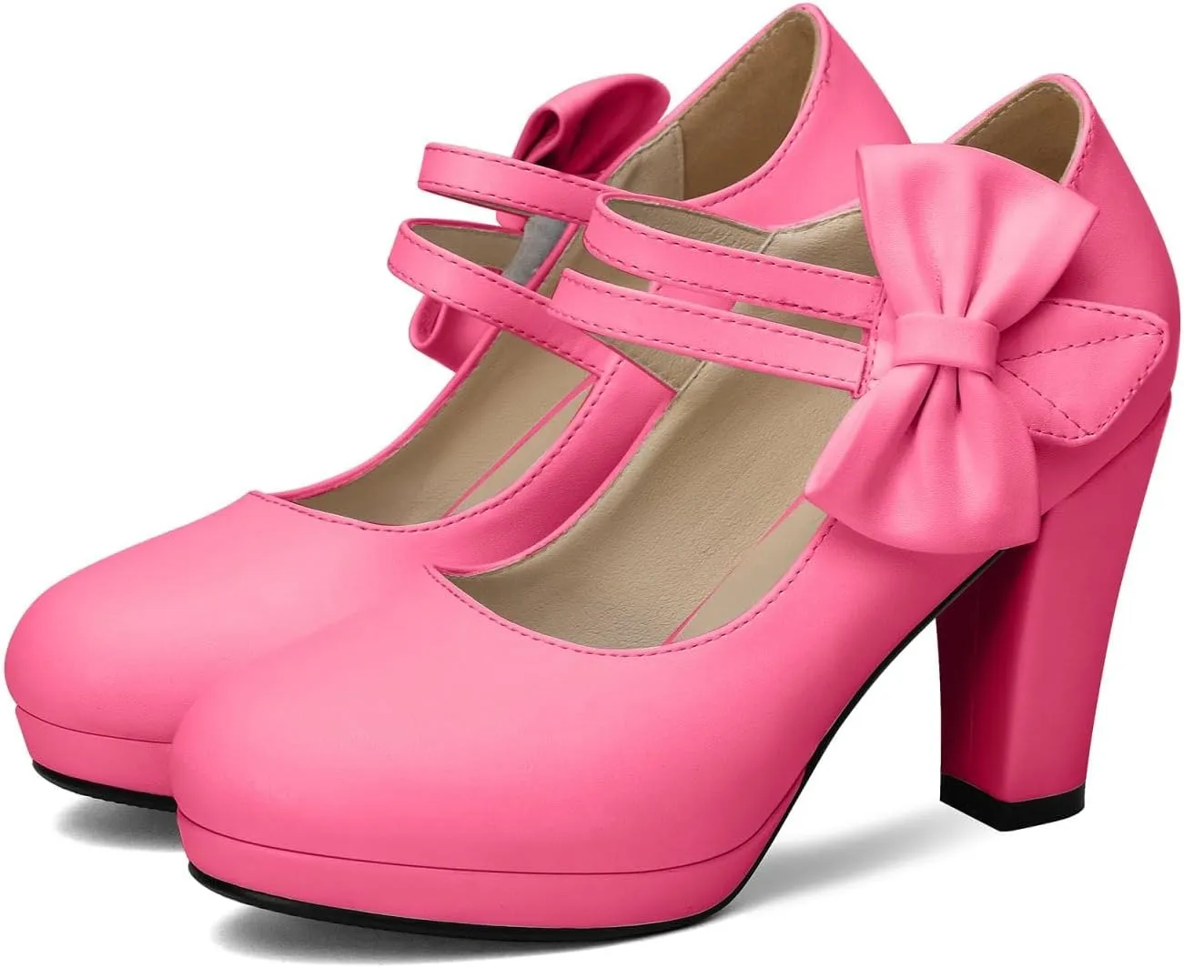 Chic Women Bow Block High Heel Mary Janes Ankle Strap Pumps Sweet Shoes Closed Toe Comfort Dress Party Pumps with Hook Loop