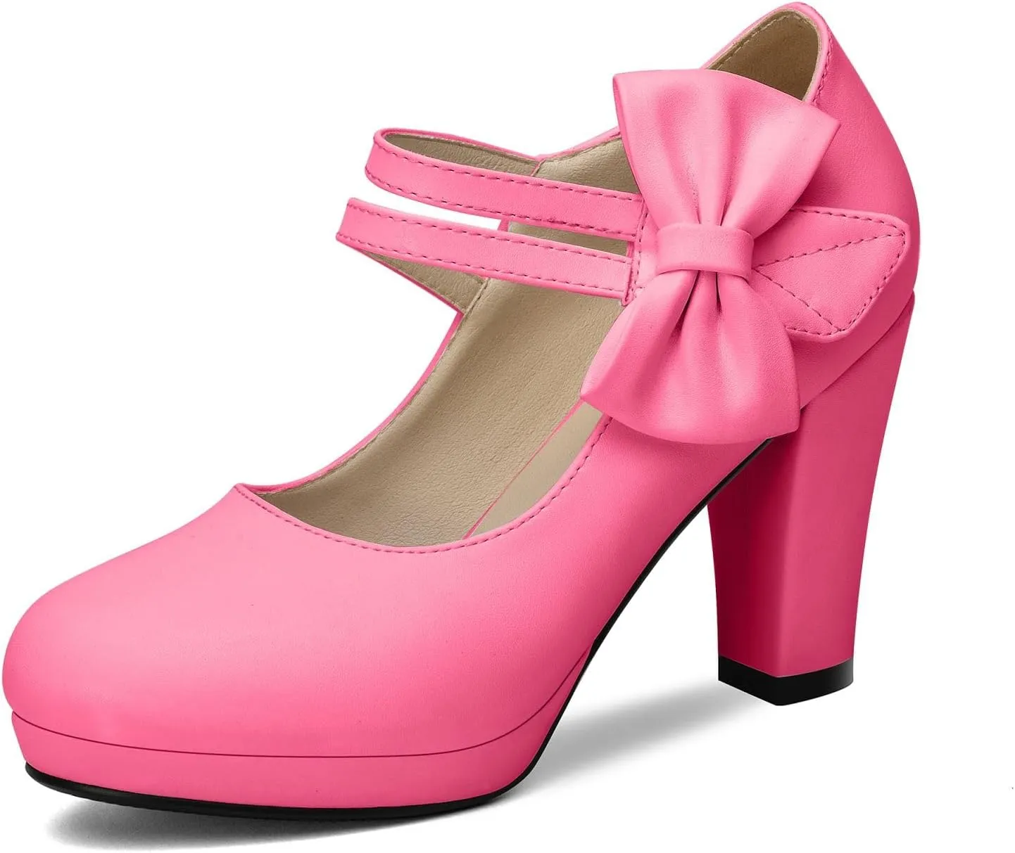 Chic Women Bow Block High Heel Mary Janes Ankle Strap Pumps Sweet Shoes Closed Toe Comfort Dress Party Pumps with Hook Loop