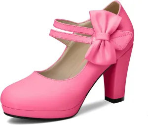 Chic Women Bow Block High Heel Mary Janes Ankle Strap Pumps Sweet Shoes Closed Toe Comfort Dress Party Pumps with Hook Loop