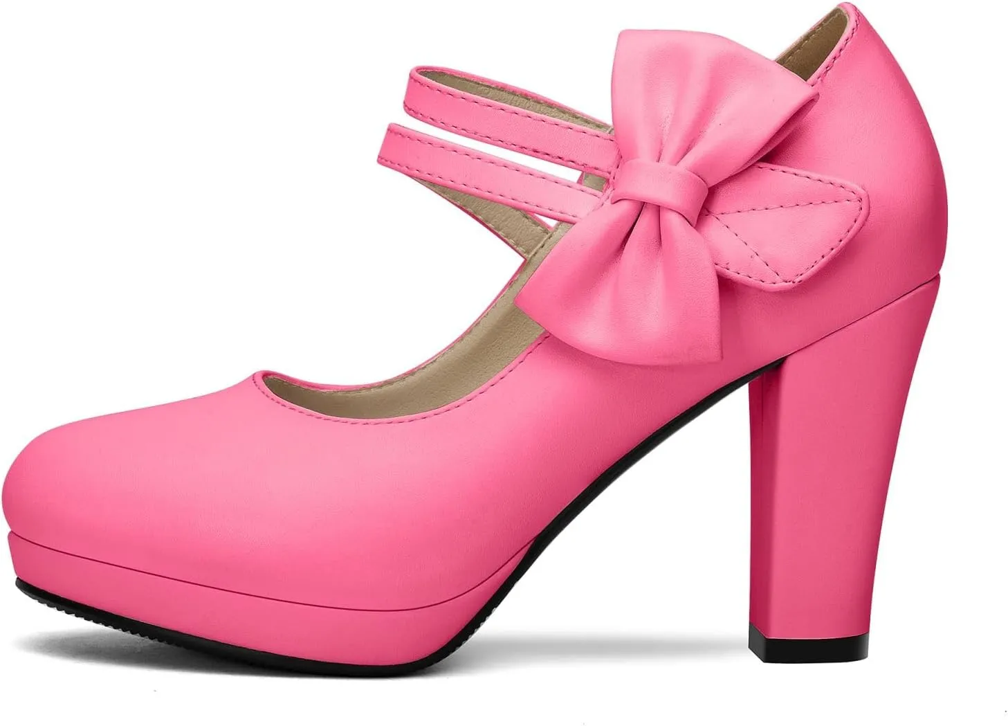 Chic Women Bow Block High Heel Mary Janes Ankle Strap Pumps Sweet Shoes Closed Toe Comfort Dress Party Pumps with Hook Loop