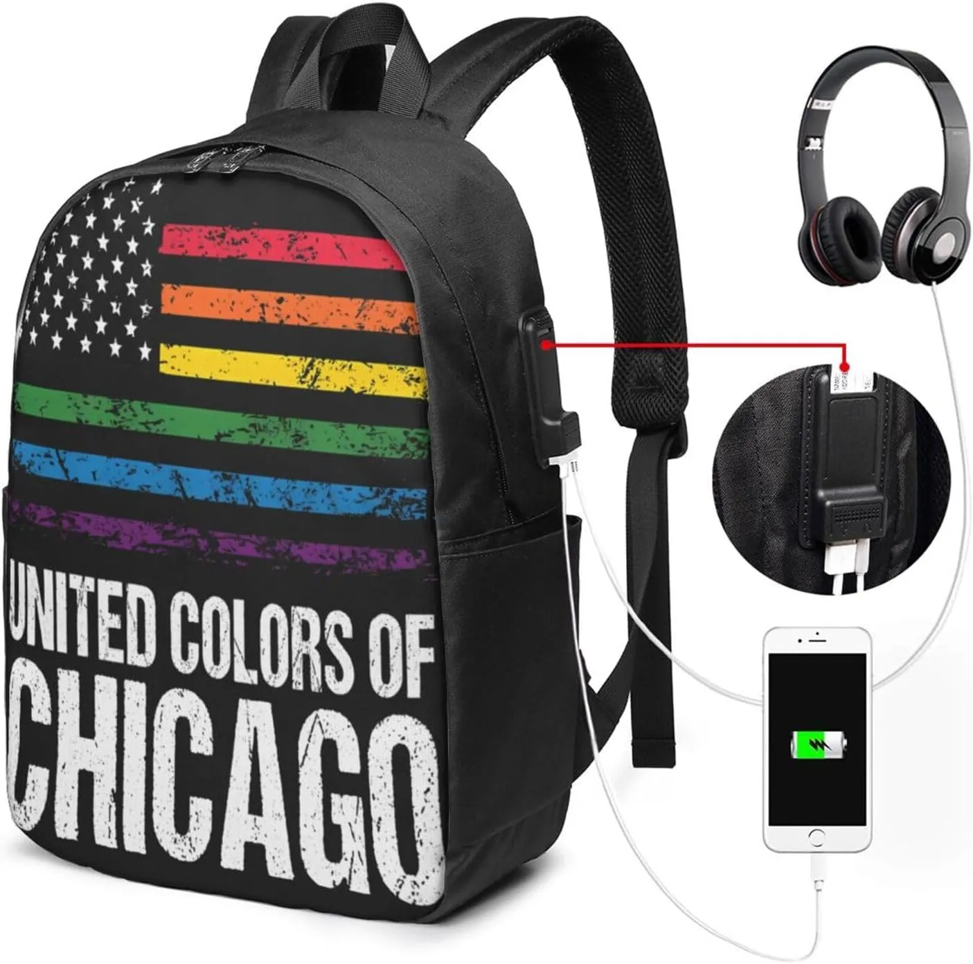Chicago Gay LGBT Pride Rainbow American Flag Laptop Backpacks Travel Backpack Casual Business Daypack Sport Rucksack Computer Bag Fits up to 17 Inch Notebook with USB Port