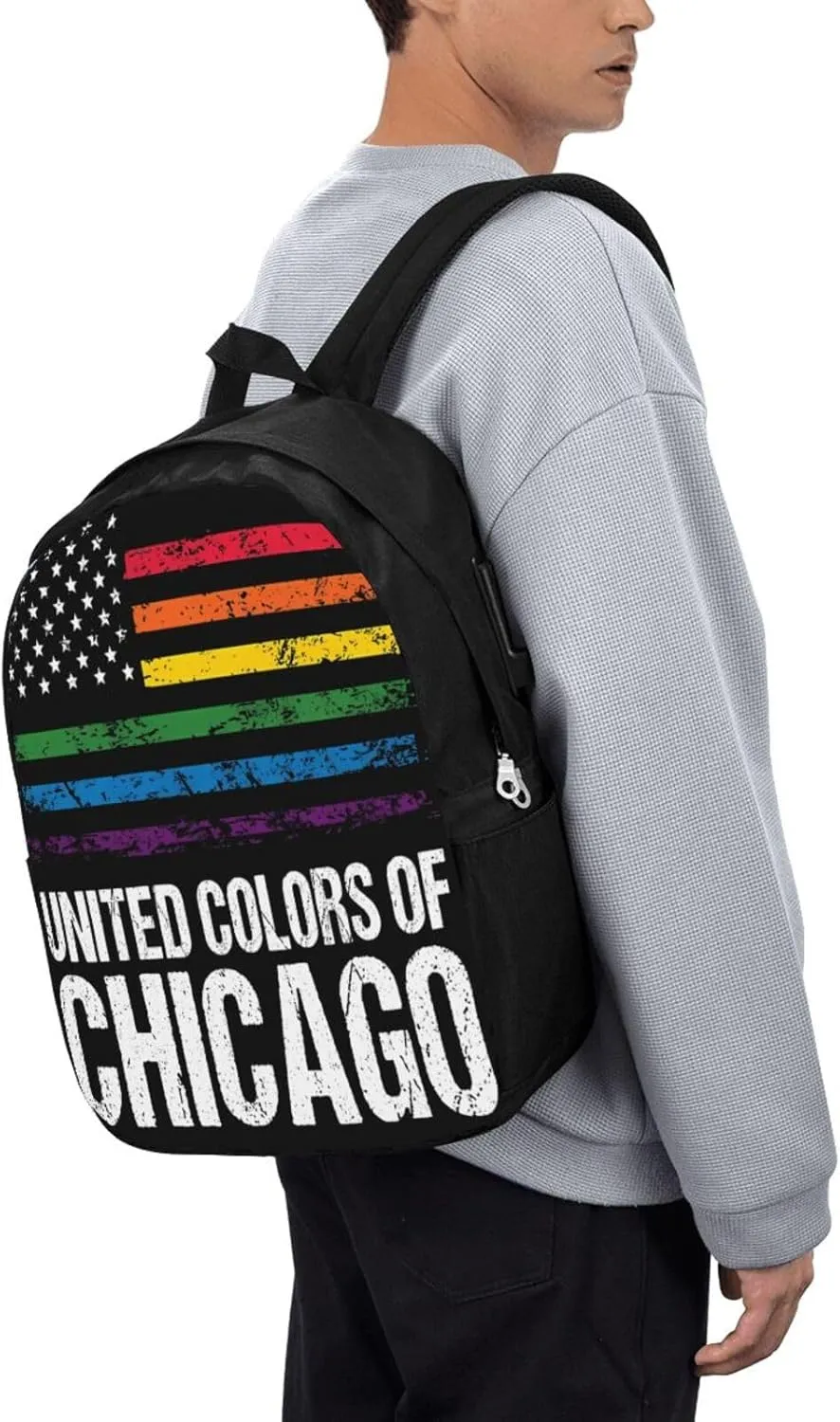Chicago Gay LGBT Pride Rainbow American Flag Laptop Backpacks Travel Backpack Casual Business Daypack Sport Rucksack Computer Bag Fits up to 17 Inch Notebook with USB Port