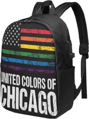 Chicago Gay LGBT Pride Rainbow American Flag Laptop Backpacks Travel Backpack Casual Business Daypack Sport Rucksack Computer Bag Fits up to 17 Inch Notebook with USB Port