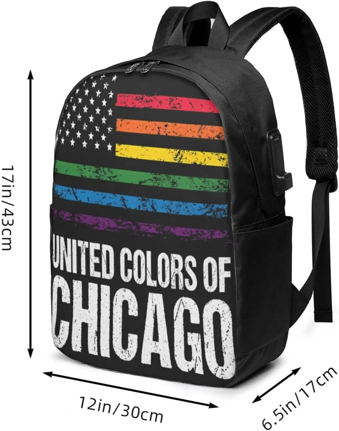 Chicago Gay LGBT Pride Rainbow American Flag Laptop Backpacks Travel Backpack Casual Business Daypack Sport Rucksack Computer Bag Fits up to 17 Inch Notebook with USB Port