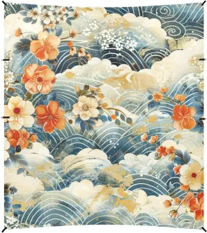 Chinese Style Cloud and Floral Pattern Foldable Beach Cabana UPF50  Protection Waterproof Large Sun Shelter with Sandbags & Sand Shovel for Backyard and Camping