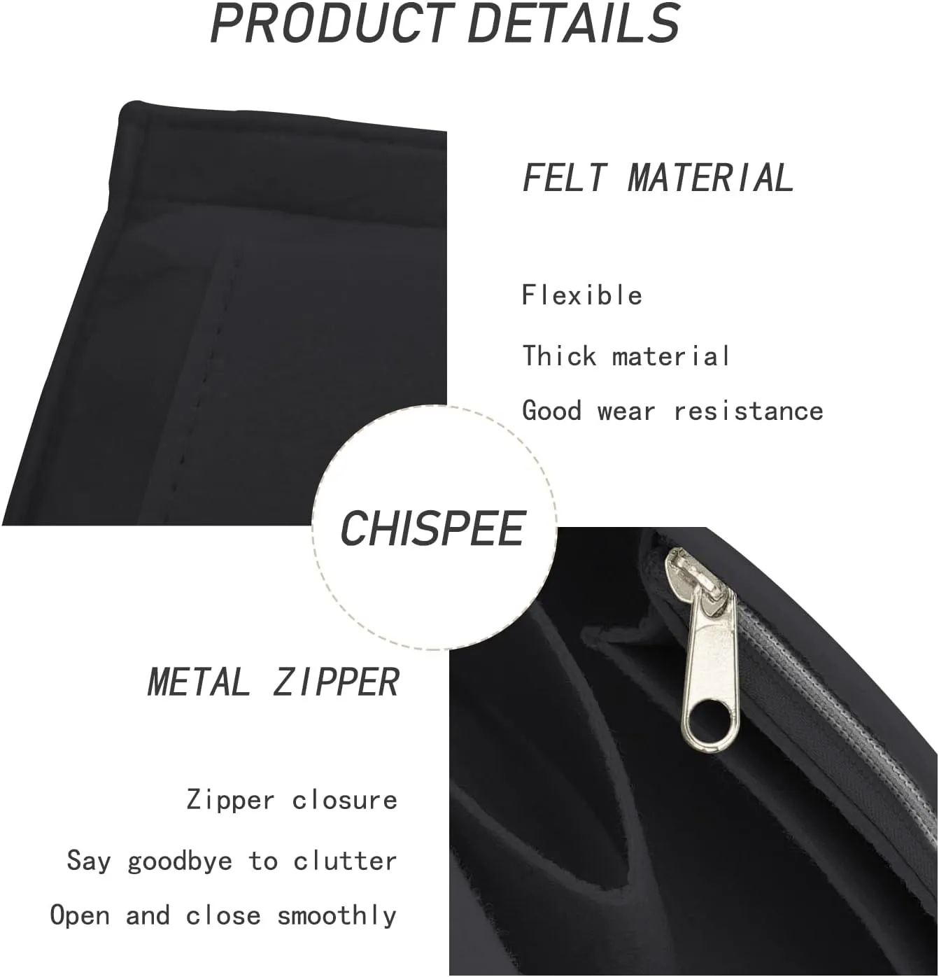 Chispee Felt Purse Organizer Insert Luxury Handbag Organizers for Longchamp Divider Pocket & Zipper Inner Bag Liner fit Large, Black