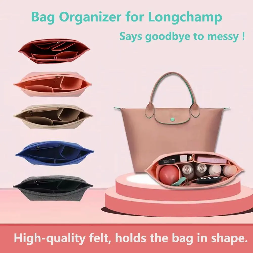 Chispee Felt Purse Organizer Insert Luxury Handbag Organizers for Longchamp Divider Pocket & Zipper Inner Bag Liner fit Large, Black