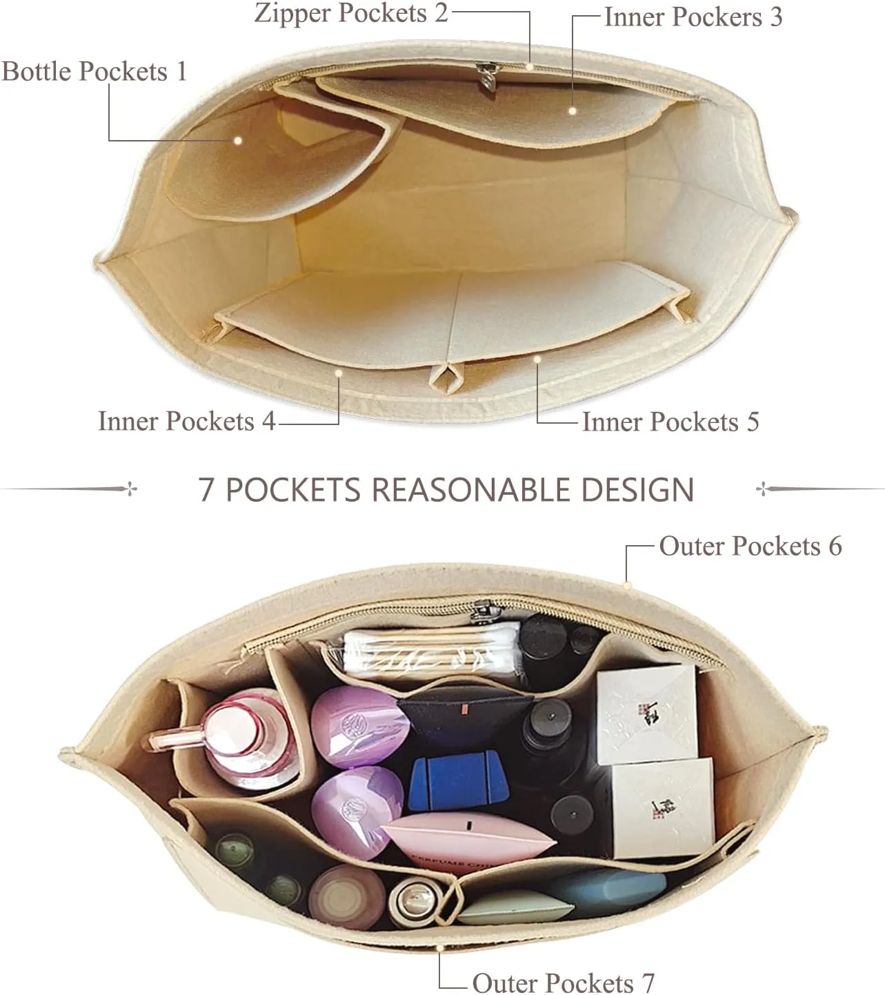 Chispee Felt Purse Organizer Insert Luxury Handbag Organizers for Longchamp Divider Pocket & Zipper Inner Bag Liner fit Large, Black