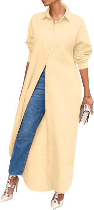 Choichic Shirt Dresses for Women Casual Long Sleeve Cotton Button Down Maxi Dresses