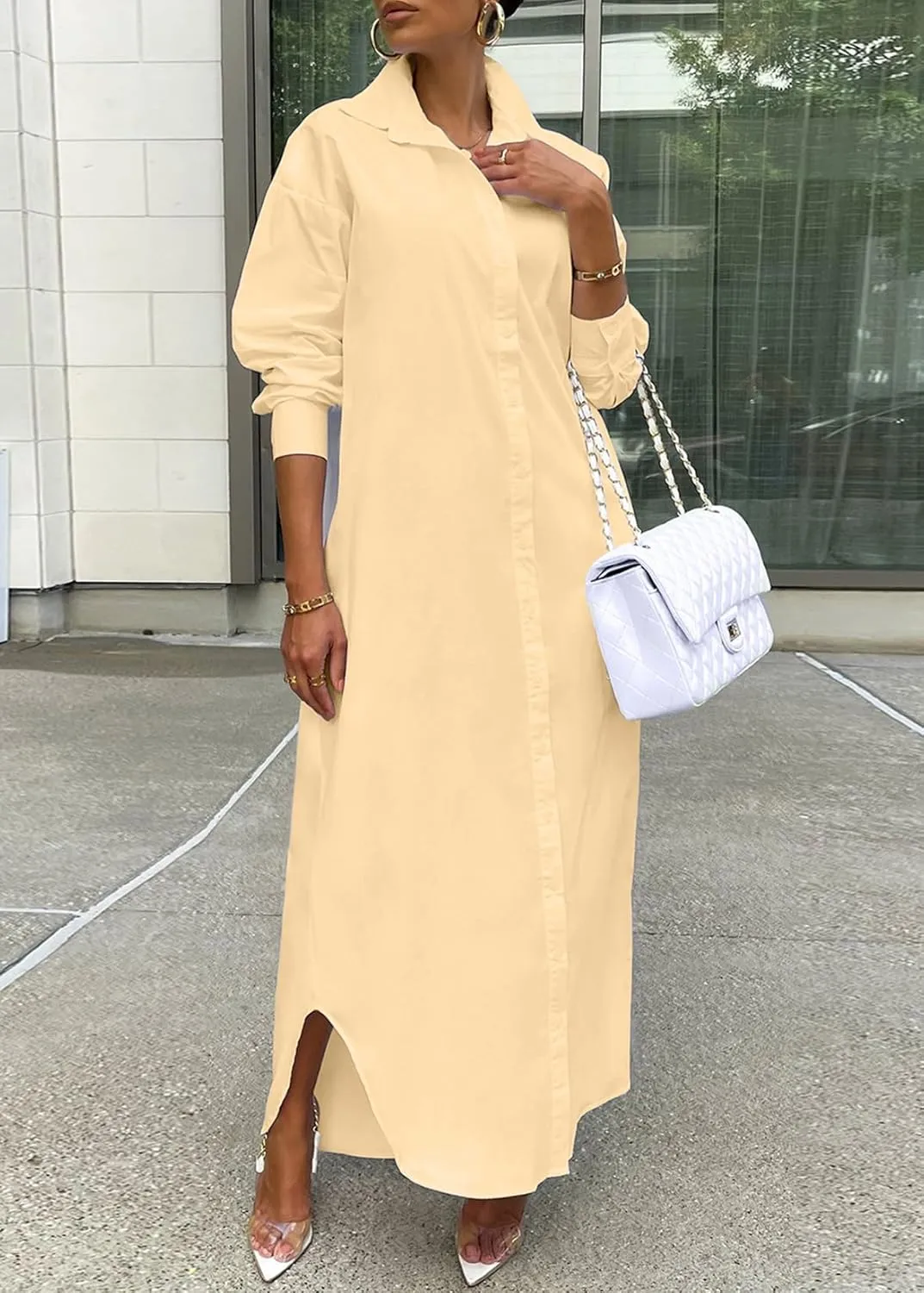 Choichic Shirt Dresses for Women Casual Long Sleeve Cotton Button Down Maxi Dresses