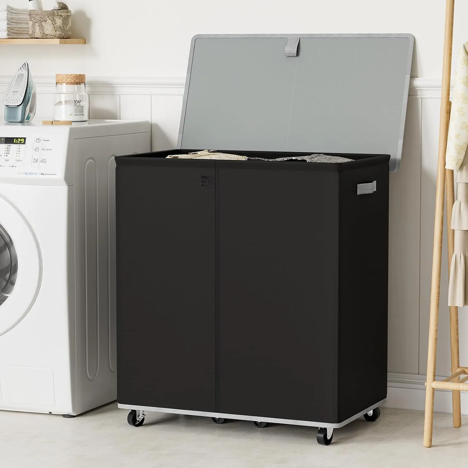 Chrislley 180L Double Laundry Hamper with Wheels,Large Laundry Basket with Lid,Rolling Dirty Clothes Hamper 2 section with Removable Liner Bags, Collapsible Laundry Organizer for Bedroom, Dorm,Black
