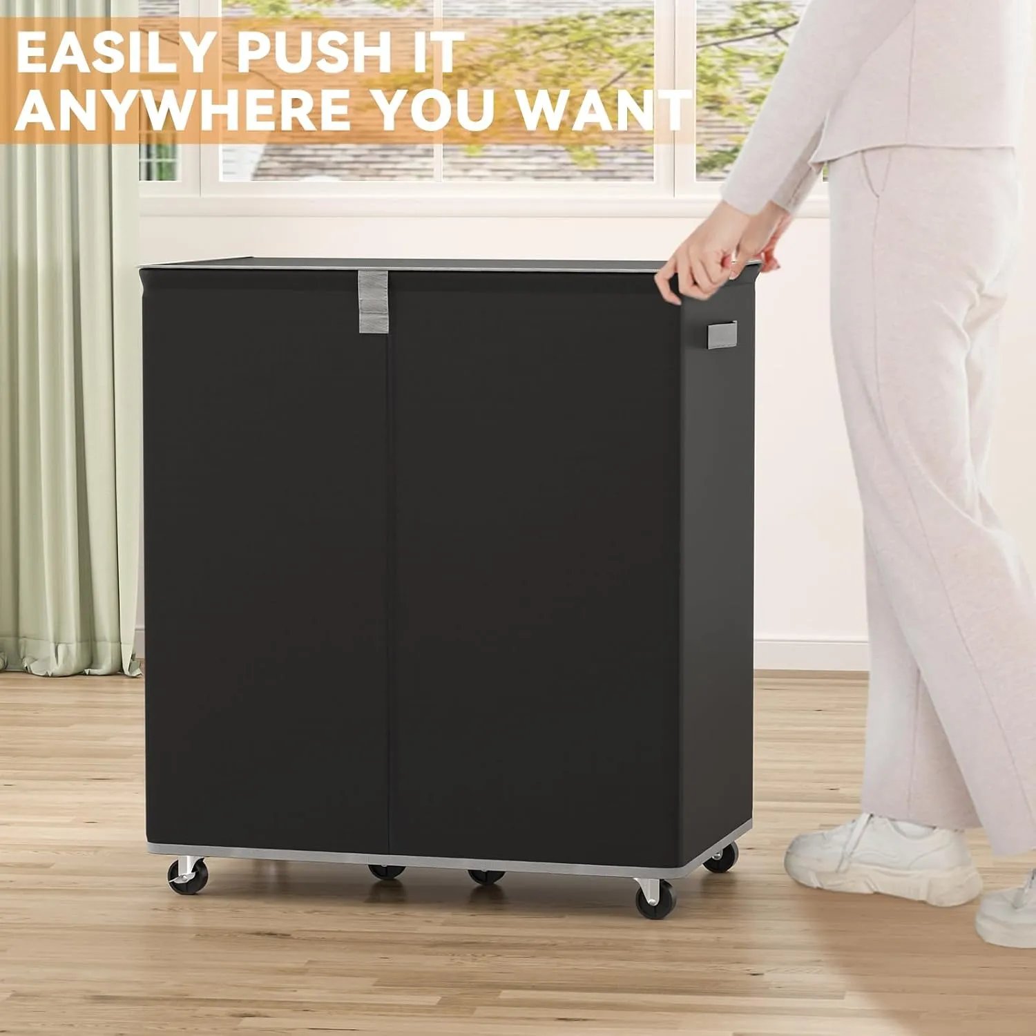 Chrislley 180L Double Laundry Hamper with Wheels,Large Laundry Basket with Lid,Rolling Dirty Clothes Hamper 2 section with Removable Liner Bags, Collapsible Laundry Organizer for Bedroom, Dorm,Black