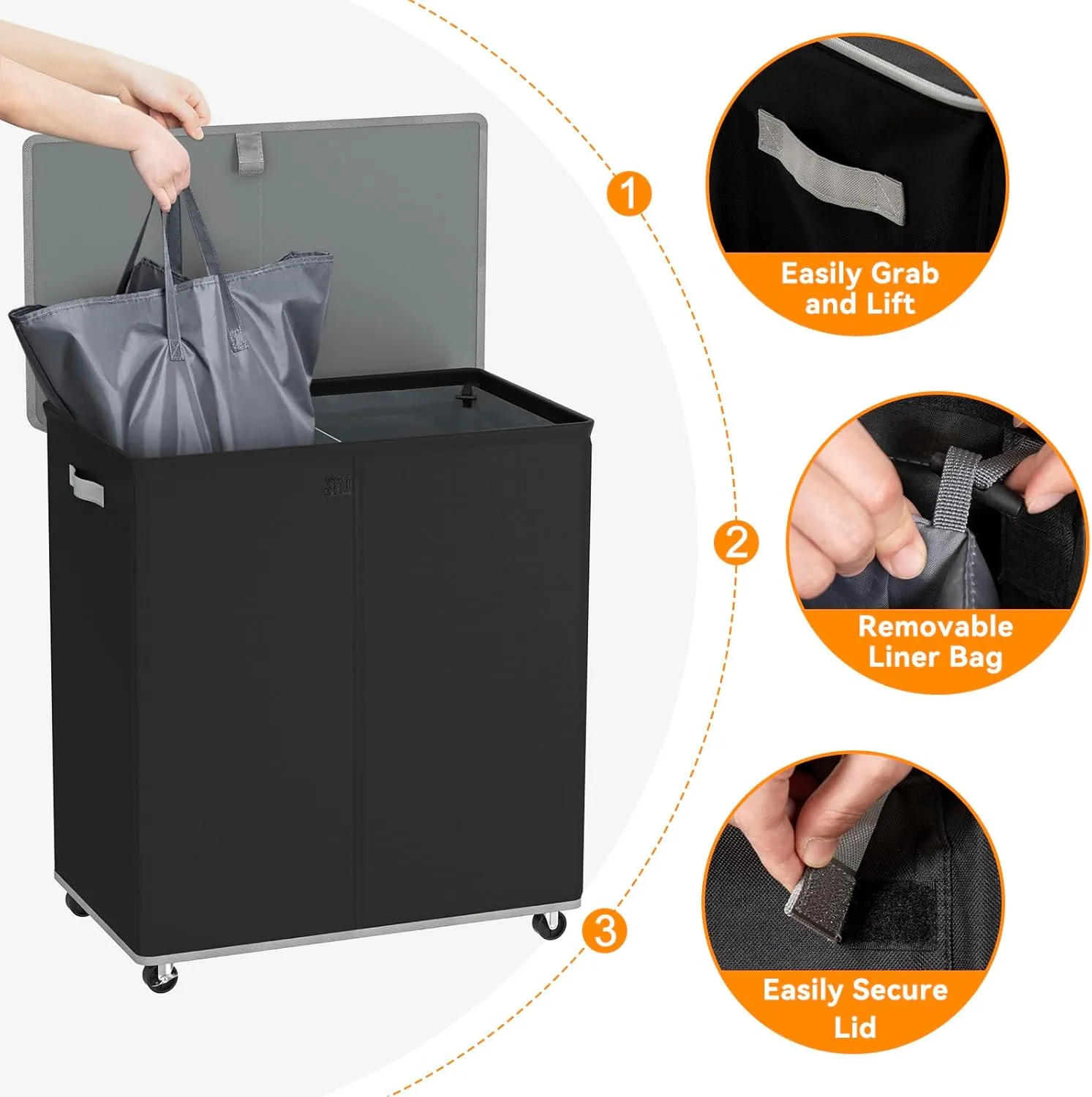 Chrislley 180L Double Laundry Hamper with Wheels,Large Laundry Basket with Lid,Rolling Dirty Clothes Hamper 2 section with Removable Liner Bags, Collapsible Laundry Organizer for Bedroom, Dorm,Black
