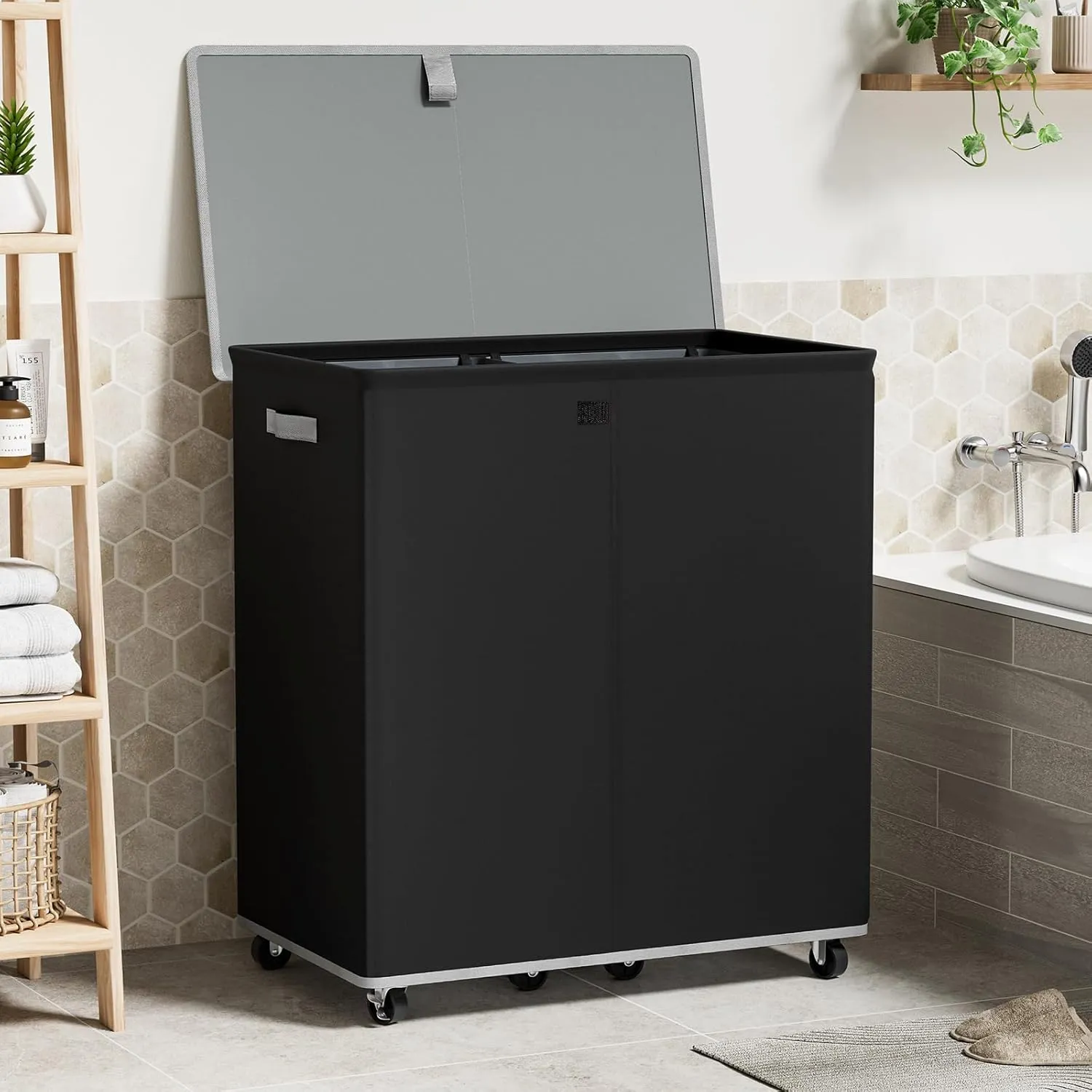 Chrislley 180L Double Laundry Hamper with Wheels,Large Laundry Basket with Lid,Rolling Dirty Clothes Hamper 2 section with Removable Liner Bags, Collapsible Laundry Organizer for Bedroom, Dorm,Black