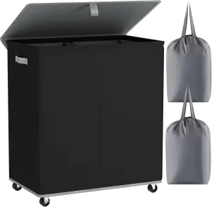 Chrislley 180L Double Laundry Hamper with Wheels,Large Laundry Basket with Lid,Rolling Dirty Clothes Hamper 2 section with Removable Liner Bags, Collapsible Laundry Organizer for Bedroom, Dorm,Black