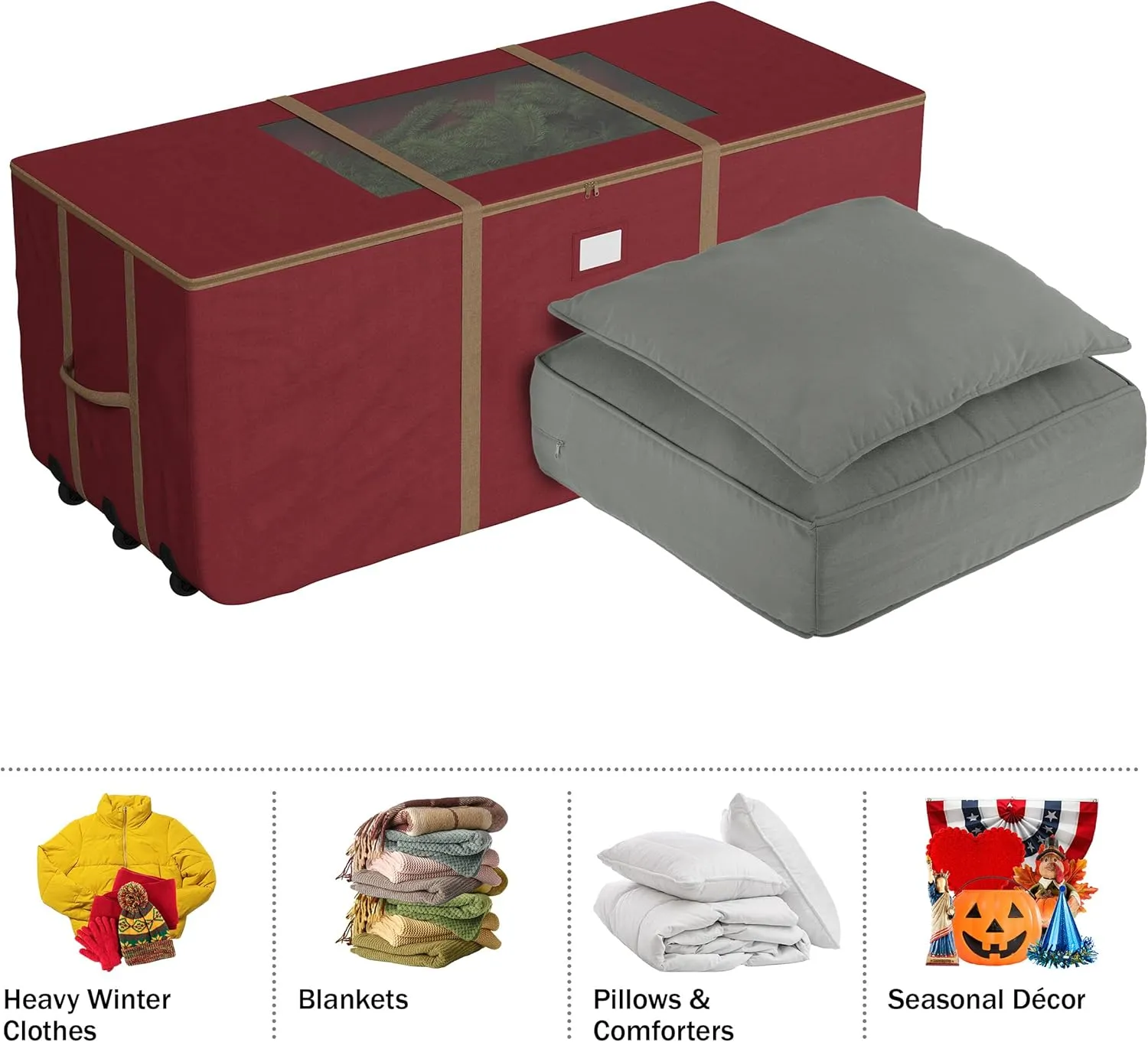 Christmas Tree Storage Tote with Wheels - Rolling Holiday Container for 9-Foot Faux Trees, Garlands, Inflatables, and Other Decor by Elf Stor (Red)
